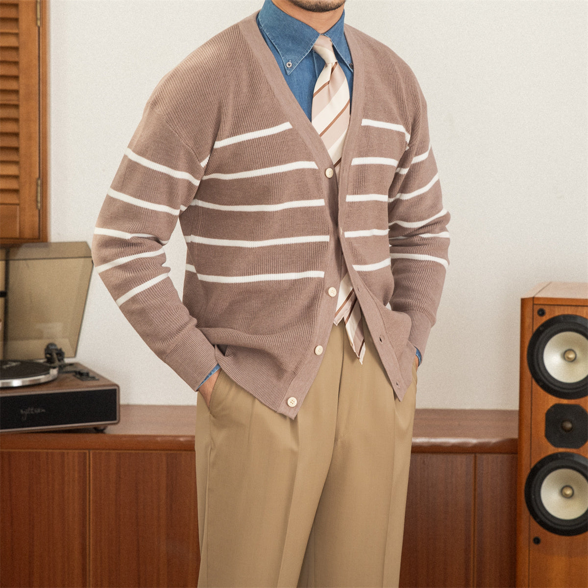 Fashion Casual Versatile V-neck Striped Knitted Cardigan
