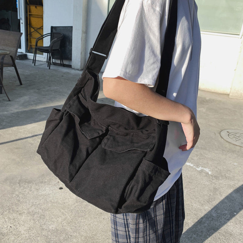 Men's Canvas Messenger Bag Large Capacity Multi Pocket Shoulder Bag