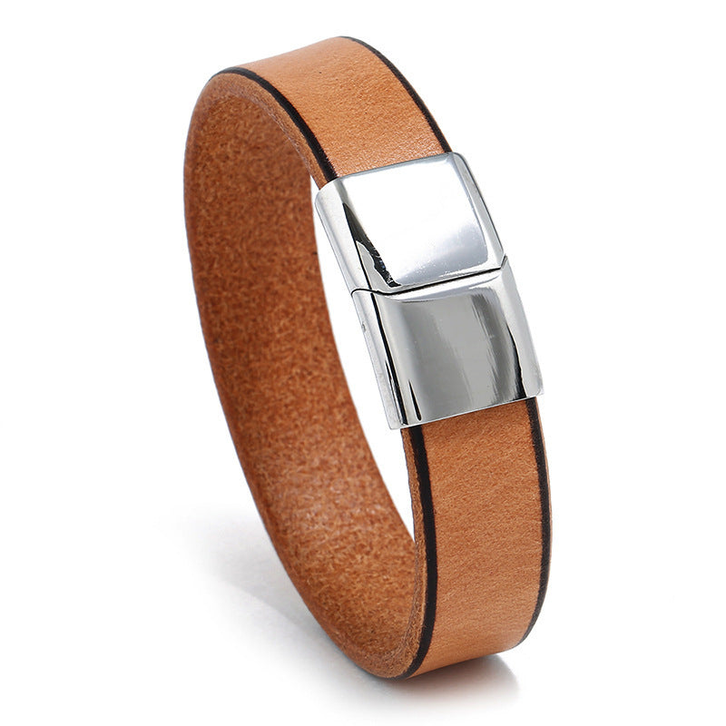 Casual Wear Fashion Cowhide Stainless Steel Leather Bracelet For Men