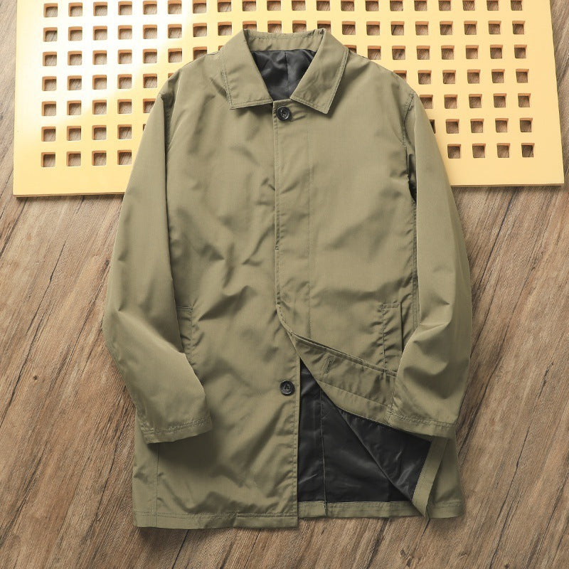 Solid Color Casual Polo Collar Mid-length Trench Coat Men
