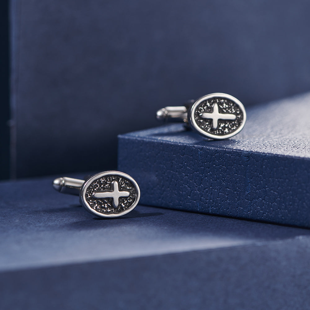 Oval Cross Vintage Style Stainless Steel Shirt Cuff Links For Men