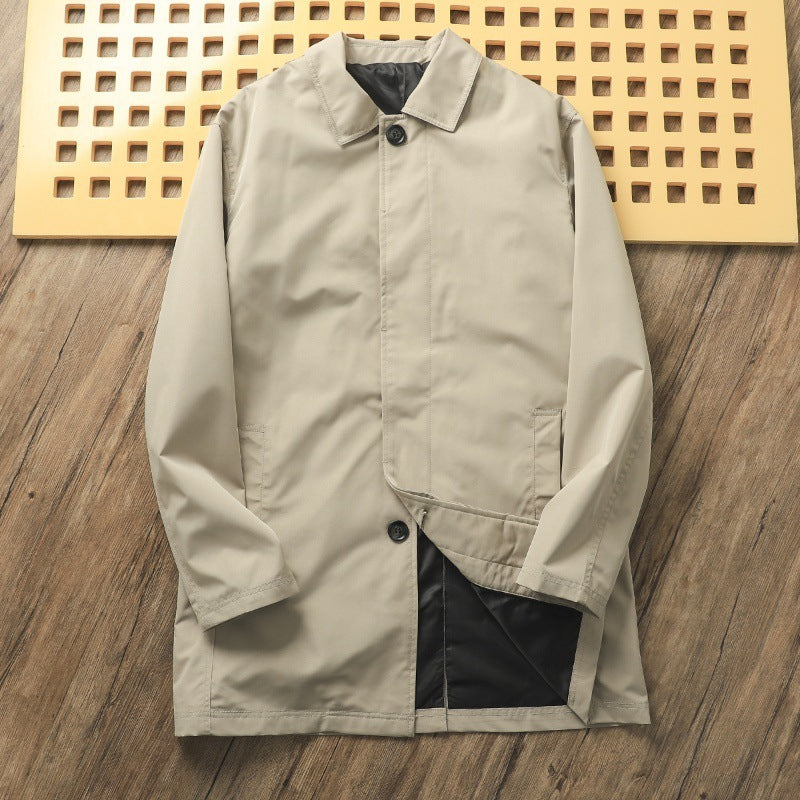 Solid Color Casual Polo Collar Mid-length Trench Coat Men