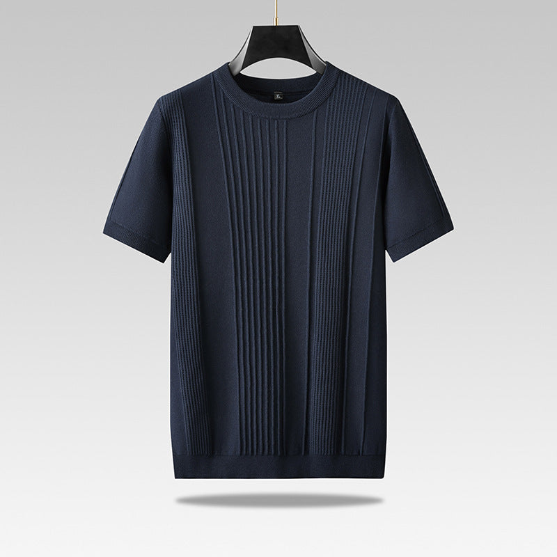Men's Plus-sized Casual Round Neck Jacquard Sweater With Short Sleeves
