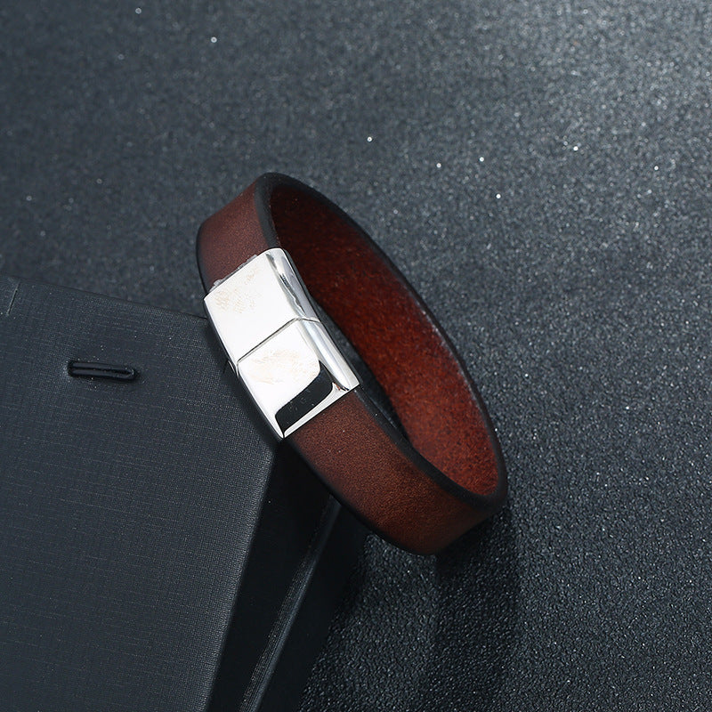 Casual Wear Fashion Cowhide Stainless Steel Leather Bracelet For Men