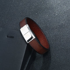 Casual Wear Fashion Cowhide Stainless Steel Leather Bracelet For Men