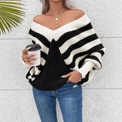 Plus Size Stripe Contrast Color V-neck Long-sleeve Knitwear