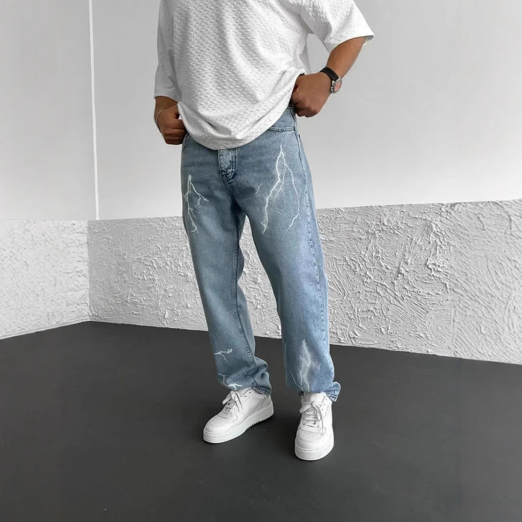 Men's Straight-leg Jeans Printed Solid Color Loose Wide Leg Denim