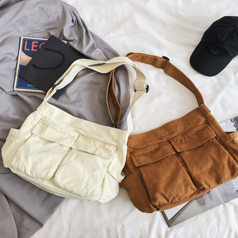 Men's Canvas Messenger Bag Large Capacity Multi Pocket Shoulder Bag