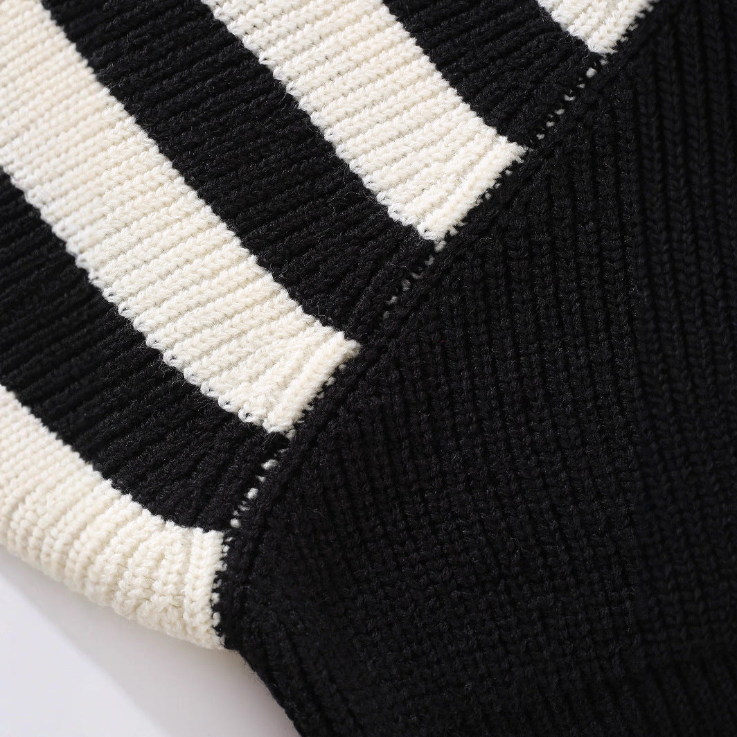 Plus Size Stripe Contrast Color V-neck Long-sleeve Knitwear