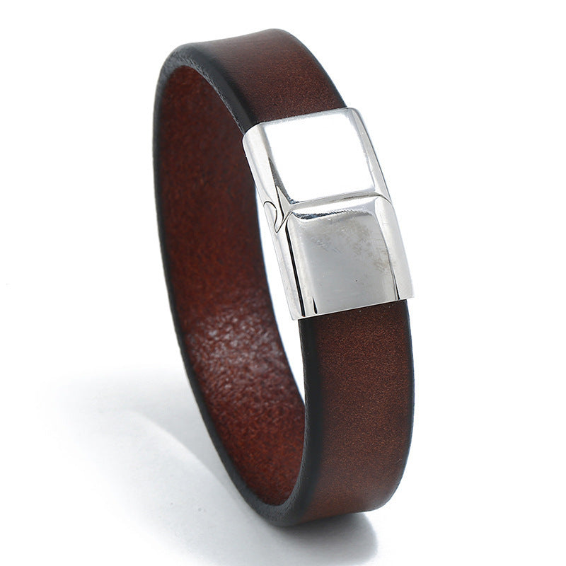 Casual Wear Fashion Cowhide Stainless Steel Leather Bracelet For Men