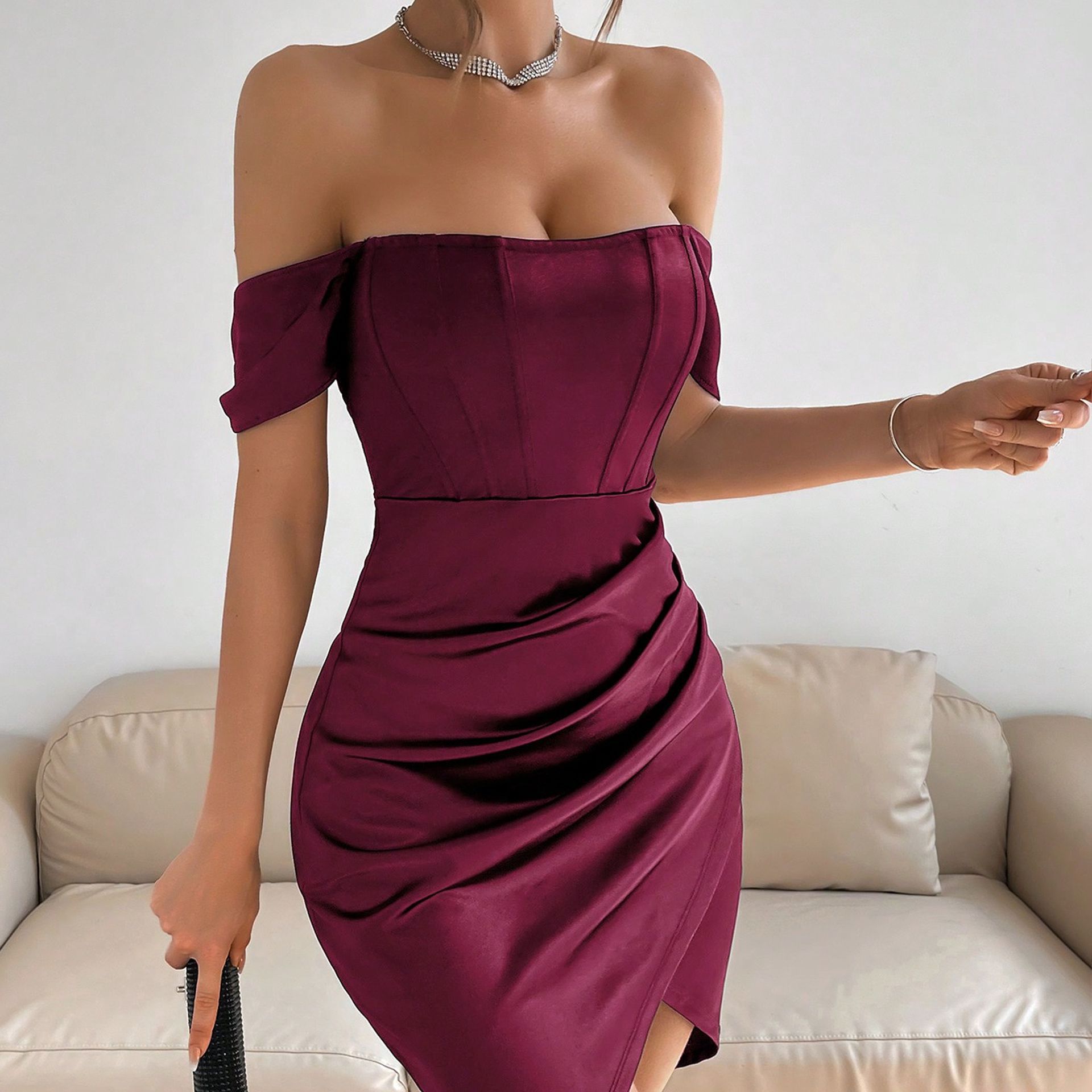 Off-shoulder Collar Spring Women's Mid-length Dress